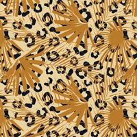 Seamless Pattern with Palm Leaves on Leopard Print vector
