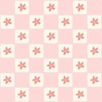 Checkered Seamless Groovy Pattern with Flowers. vector