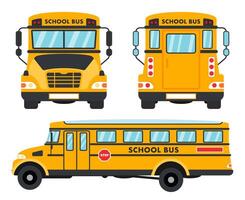 Yellow School Bus Set, Front, Side and Back Views. vector