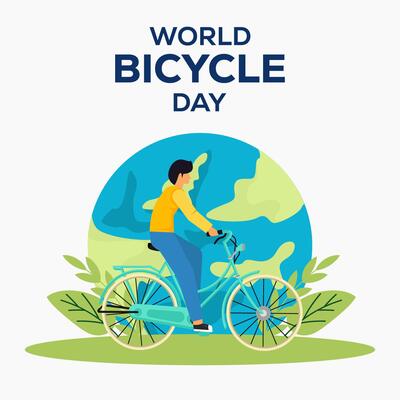 Illustration flat design for world bicycle day with earth and leaves