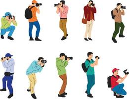 A dynamic collection of illustrations showing cameramen in various poses for media, filmmaking, journalism, and creative content designs vector