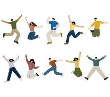 A joyful collection of illustrations featuring diverse characters in energetic jumping poses for celebration themes, motivational designs, event promotions, and positive lifestyle visuals. vector