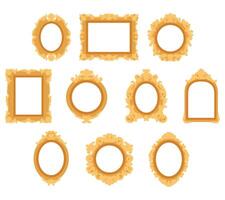 A classic collection of blank photo frames in vintage style, adorned with elegant baroque swirl decorations. Ideal for retro themed designs, invitations, memory albums, and decorative projects. vector
