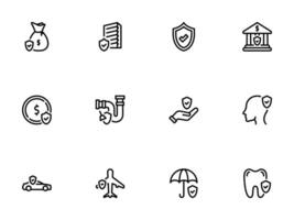 Line art icons representing security and insurance concepts for different assets and situations vector