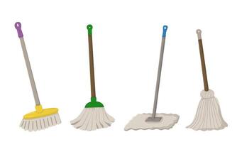 set of different mops and brooms isolated on white background. Attributes for spring cleaning of the house. vector