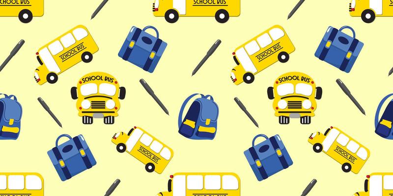Cute School Bus Bag and Pen in a Light Yellow Seamless pattern. Back to School Edition.