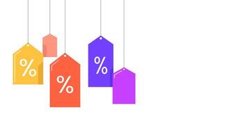 Colorful hanging price tag illustration with percentage symbol on one of the labels, representing discount or sale offer. Simple and modern design on white background. vector