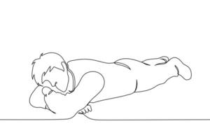 man full length lying on stomach with folded hands and head on them looking at camera - one line art vector