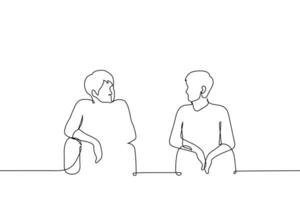 men sitting side by side and looking at each other - one line art . man sitting relaxed and other with straight back, they talking vector