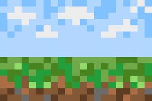 pixel art landscape meadows or fields - earth, grass, sky, clouds. nature scene for concept game made of square blocks vector