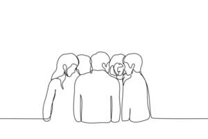crowd of men and women standing in a tight circle chatting - one line art . concept of quiet secret conversation, elite conspiracy, conspiracy theorists, team strategy development vector