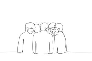 crowd of men standing in a tight circle chatting - one line art . concept of quiet secret conversation, elite conspiracy, conspiracy theorists vector