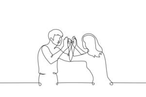 man and woman smiling and slapping both palms at the same time - one line art . Pat-a-cake, double high five or high ten concept vector