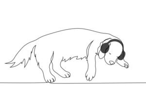 silhouette of a golden retriever or similar breed of adult dog lying on the floor wearing headphones - one line art . concept dog listening to music with closed eyes lying down vector
