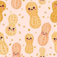 Cute peanut characters background. Seamless pattern. Cartoon peanut butter nuts. vector