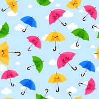 Cute and colorful umbrellas on blue background. Colorful umbrellas and sky with clouds. Seamless pattern. vector
