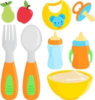 Baby food utensils set. Spoon and fork for babies, tableware set with milk bottles. Dishware, and bib for baby and toddler eating solid food. vector