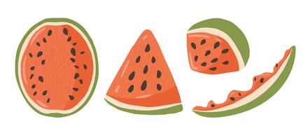 A collection of illustrations with juicy Summer Watermelon slices with pits. Elements of Tropical fruits for summer design, logos, stickers, prints. vector