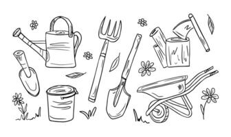 A set of tools for gardening, farming, hand-drawn in doodle style. A rake, a shovel, a garden wheelbarrow, a watering can, a bucket, a saw, an axe, a set of working tools for the garden. vector