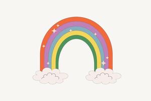 Bright cartoon rainbow with colorful stripes, clouds and sparkles on white background for kids design vector