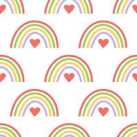 Seamless pattern with colorful rainbows and red hearts in cute minimal hand drawn flat style vector