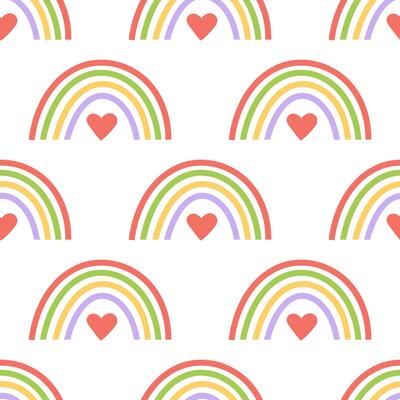 Seamless pattern with colorful rainbows and red hearts in cute minimal hand drawn flat style