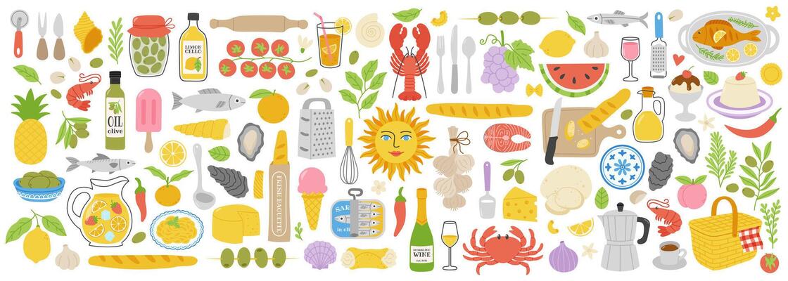 Mediterranean food and cooking ingredients collection with seafood, fruits, vegetables, cheese, wine, herbs, desserts, kitchen utensils and fresh produce in flat hand drawn style. Italian summer set
