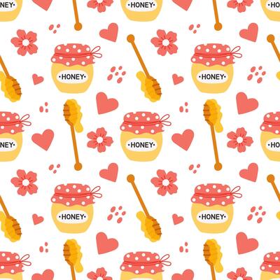 Seamless pattern with cute honey jars, hearts and flowers in flat hand drawn style