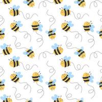 Seamless pattern with cute flying bees and dotted trails in playful flat hand drawn style vector