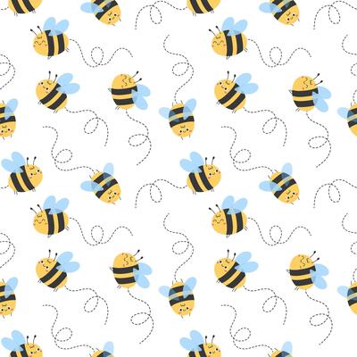 Seamless pattern with cute flying bees and dotted trails in playful flat hand drawn style