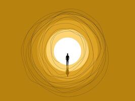 Imagination, release, businessman finds the light at the end of the tunnel vector