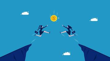 two business people jumping over a cliff to get a coin vector