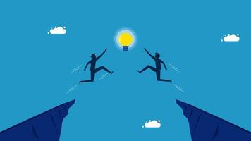 two man jumping over a cliff to reach an idea light bulb vector