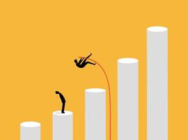 Businessman jumps with stick to gain advantage over competitors on growth bar graph vector