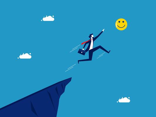 businessman jumping over the cliff to reach the smiley face