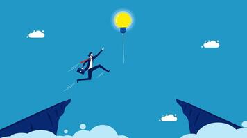 a man jumping over the cliff to reach the light bulb vector