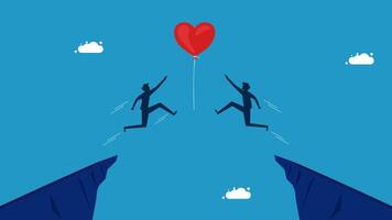 two man people jumping over a cliff with a heart shaped balloon vector