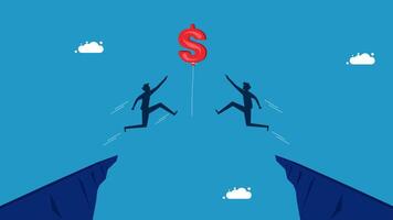 two man people are jumping over a cliff to get a dollar sign vector