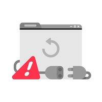 flat illustration of website loading failure or connection error. loose or unplugged cable, exclamation mark, and retry. internet issues, web page not loading, server downtime, or browser problems vector