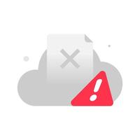 Cloud storage warning illustration. document file, cross and exclamation mark. not backed up or auto sync turned off. for data protection, computing, backup failure, error, and sync alert concept vector
