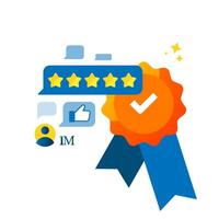 Customer satisfaction and public trust concept illustration. Five star rating, chat bubble, badge representing millions of happy users, positive reviews, user trust. for testimonial or app rating vector
