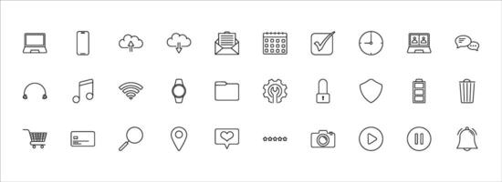 Daily Essentials digital icon set. Icons contains 30. Suitable for Web Pages, Mobile Apps, Web, Print. vector