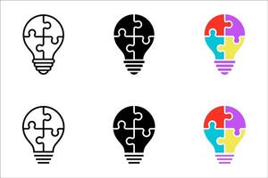 Jigsaw puzzles on light bulb icon set. Solution symbol isolated on white background. Idea conceptual concept vector