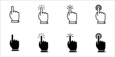 Collection of hand pointing symbols in trendy flat style. Computer mouse click cursor in white background. Collection of click cursors. Clicked finger. Hand pointing icon set. Cursor vector