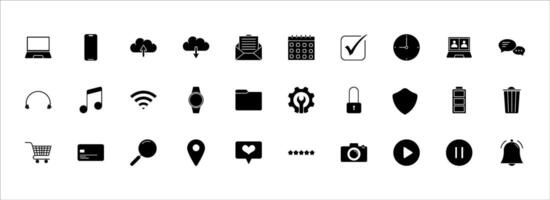 Daily Essentials digital icon set in black. Icons contains 30. Suitable for Web Pages, Mobile Apps, Web, Print. vector