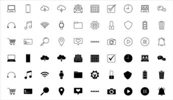 Daily Essentials digital icon set in black and line. Icons contains 60. Suitable for Web Pages, Mobile Apps, Web, Print. vector