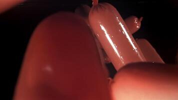 Sausages fall into the water. Filmed on a high-speed camera at 1000 fps. High quality FullHD footage video