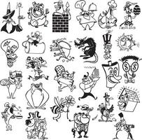 cartoon characters and animals in various poses vector