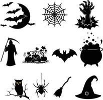 set of halloween icons Halloween Elements Set Spooky Icons Including Spider, Ghost, Tree, Bat, Pumpkin and More new 2025 trendy unique Owl on Tree Branch Grim Reaper Witch's Broomstick Cauldron vector