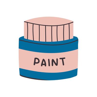 Blue colored paint can. Jar of gouache. Flat illustration isolated on white background. Hand drawn style.